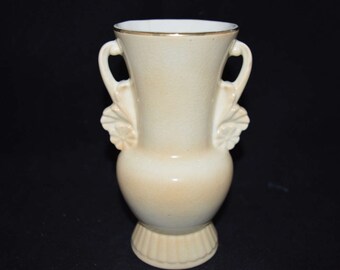 Royal Copley / vase / cream color / gold trim / Mid-century / urn style / handles / crazing / vintage / Collectible / urn / gold trim