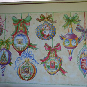 May include: A set of nine Christmas baubles with various designs, including a house, a Christmas tree, Santa Claus, and a snowman. The baubles are all hanging from a string and have a white background.