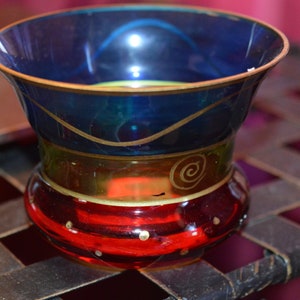 Tea light / candle holder / blue / red / yellow / glass / gold trim / 3.5&quot; diameter / 2.5&quot; high / candle / small candles / tealight candles