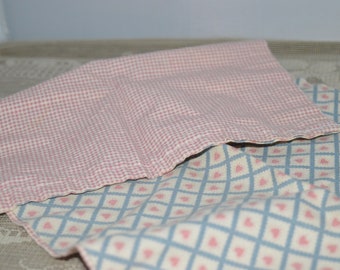 Reversible doll blanket / pink hearts / blue crisscross / pink checkered / handmade / cotton / 1980's /  blue / pink / country / blanket