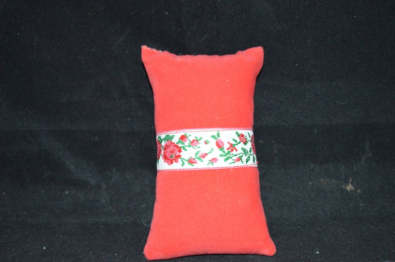 Pincushion  red  floral ribbon   5 x 2.5  Good condition  sewing  red pincushion  pins  sewing accessory  pin cushion  pillow