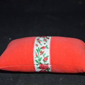 Pincushion / red / floral ribbon /  5&quot; x 2.5&quot; / Good condition / sewing / red pincushion / pins / sewing accessory / pin cushion / pillow