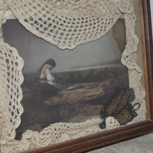 Shadow box / collage / vintage / lace / glass tile / beaded bracelet / girl / rowboat/ sad / wooden frame / wood / grief / art / collage art