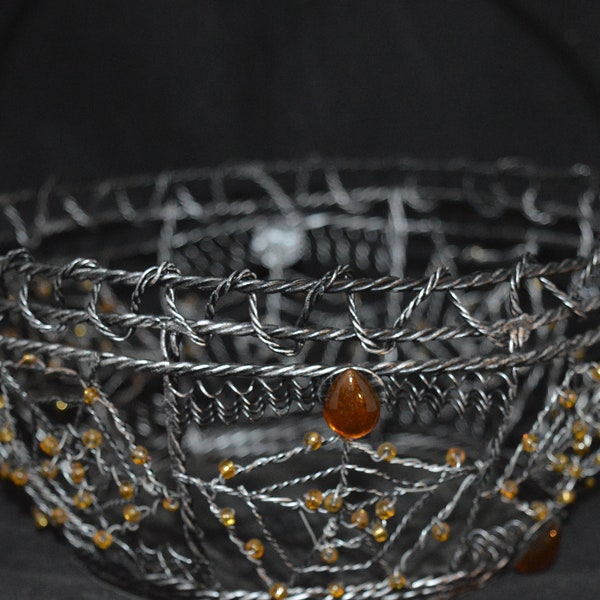 Halloween basket / black / spider web basket / metal basket / amber beads / candy basket / basket / handle / fall / autumn