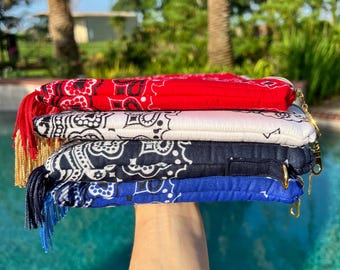 July 4th Clutch/Quilted Bandana Fringe Clutch: Handmade Cotton Bag with Optional Strap