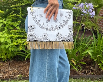Quilted Bandana Fringe Clutch: Handmade Cotton Bag with Optional Strap