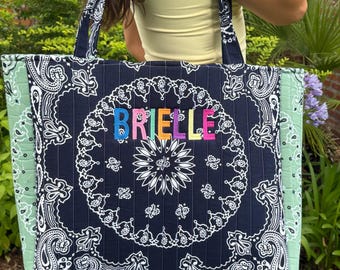 Custom Embroidered Bandana Tote Bag/Quilted Cotton Travel Bag