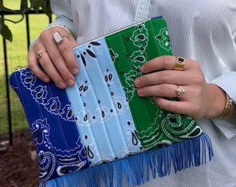 Bolso de mano acolchado tricolor con flecos de pañuelo: bolso de algodón hecho a mano con correa opcional.