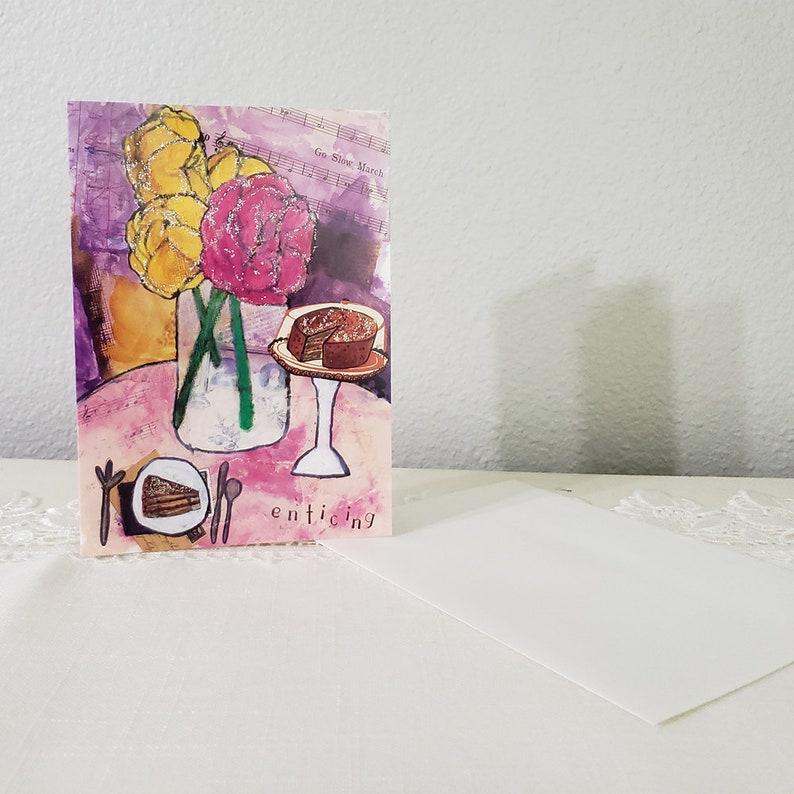 5x7 Folded Greeting Card with Envelope Whimsical Art with Message of Love Embellished with Glitter Whimsical Anniversary Card