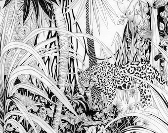 Jungle drawing, landscape format, Fine Art Print, tropical decor, rainforest illustration, jungle tree picture wall art, black white poster