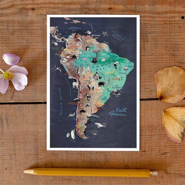 South America Postcard, hand drawn travel map, illustrated postcard of Latin America, gift card, road trip art, greeting card, postcrossing