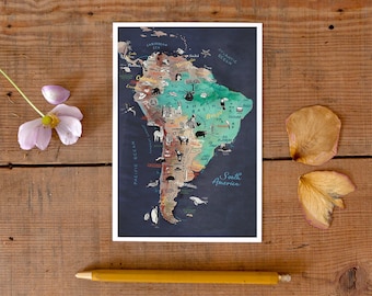 South America Postcard, hand drawn travel map, illustrated postcard of Latin America, gift card, road trip art, greeting card, postcrossing