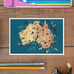 Australia Postcard, hand drawn travel map, illustrated miniprint, Aussie art, outback road trip, going away gift, greeting card postcrossing