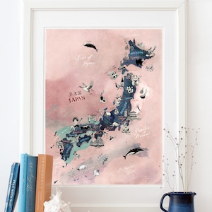 Japan Map, Art Print, illustrated map of Japan, travel illustration poster, Japandi wall decor, Japanese giclee print, living room art, gift