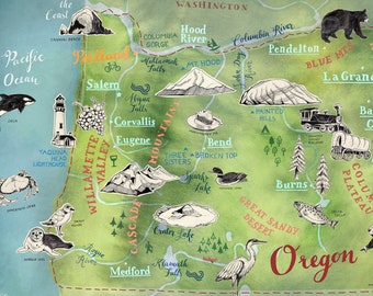 Könnte beinhalten: Eine handgezeichnete Karte von Oregon mit Illustrationen verschiedener Tiere, Sehenswürdigkeiten und Städte. Die Karte hat einen grünen Hintergrund mit roten, blauen und orangen Akzenten. Der Text "Oregon" ist in großen roten Buchstaben in der Mitte unten auf der Karte geschrieben.