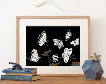 Butterflies Print, Fine Art Print, fine illustration NZ butterflies, butterflies by night, home decor, black white red, nordic, German shop