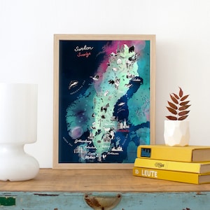 Sweden Map Illustration, illustrated travel print, Scandinavia wall decor, Swedish art poster, Northern Europe roadtrip, xmas gift idea, new