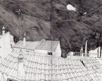 Algarve Nightsky Art Print, Burgau, Portugal, illustratie volle maan