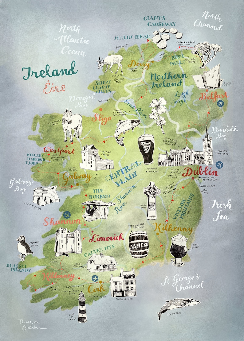 Ireland Map, Art Print, illustrated map Ireland, Ireland poster, Ireland art, Irish map, travel illustration, farewell gift, giclee print image 2
