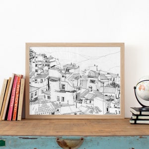 Portugal Fischerdorf am Meer Kunstdruck, Burgau Algarve Illustration, detaillierte Zeichnung eines portugiesischen Küstenorts, schwarz-weiß