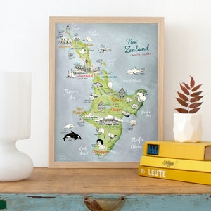 Illustrierte Landkarte Neuseeland Nordinsel, Giclee-Druck, Neuseeland Poster, detaillierte Reise-Illustration, Abschiedsgeschenk Reise, neu