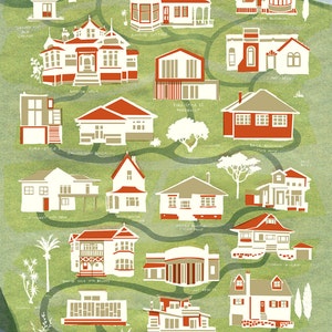 Carte des maisons de la Nouvelle-Zélande, impression d'art, architecture néo-zélandaise, belle illustration, style graphique, cadeau de départ, en vert, rouge bleu blanc