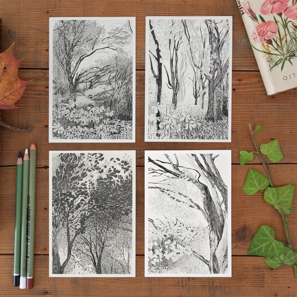 Juego de 4 postales de árboles, decoración de bosque, imagen de árbol de otoño, postcrossing, hermosa y detallada ilustración a lápiz de bosque, en blanco y negro, nuevo