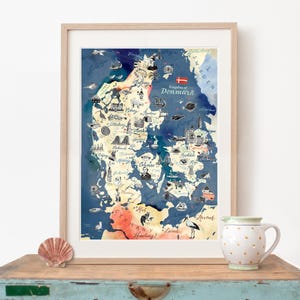 Illustrierte Landkarte Dänemark, dänisches Kunstdruck Poster, Art Print Road Trip Illustration, Kopenhagen  Geschenk, Skandi Reise Souvenir