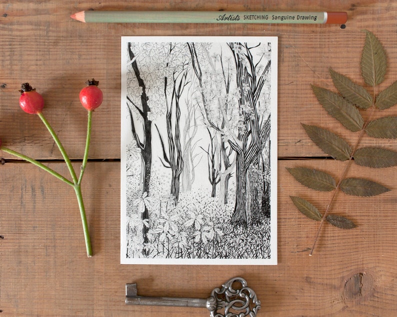 Tree Postcard, woodland decor, fall picture, postcrossing, beautiful pencil illustration of forest, black & white, scandinavian nordic charm No