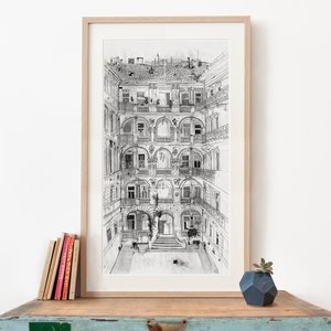 Ilustración de la casa de Budapest, impresión artística panorámica, dibujo a lápiz, póster de Hungría, arte de sala de estar grande, impresión artística de archivo en blanco y negro