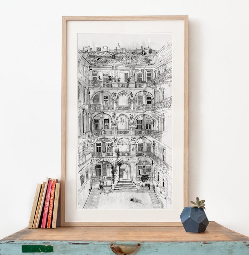 Budapest House Illustration, Panoramic Art Print, pencil drawing, Hungary poster, large living room art, black and white archival art print image 1