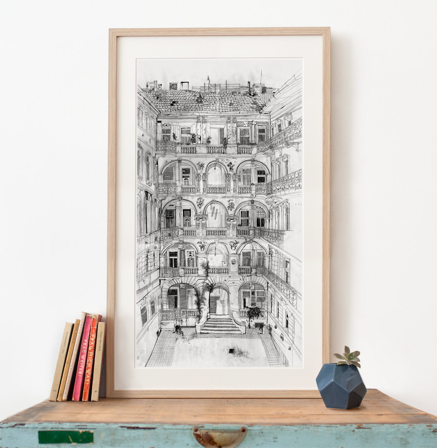Budapest House Illustration, Panoramic Giclée Art Print
