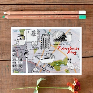 Carte postale de Berlin Prenzlauer Berg, mini impression d'art de Berlin dessinée à la main, jolie illustration de carte, pour la traversée, en vert, gris, rouge, boutique allemande