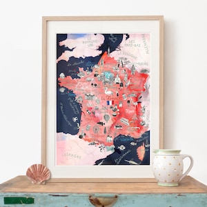 Impression d'art carte de France, affiche jet d'encre des villes françaises, carte illustrée, illustration de voyage en Europe de l'Ouest, idée cadeau, décoration de salon