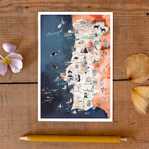 Portugal Postcard, hand drawn travel map, illustrated postcard, Portuguese road trip art, gift greeting card, South Europe postcrossing, new