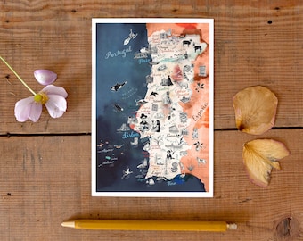 Portugal Postcard, hand drawn travel map, illustrated postcard, Portuguese road trip art, gift greeting card, South Europe postcrossing, new