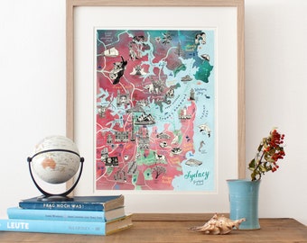 Sydney Map, Australian Art Print, illustrated city map, large size poster, travel illustration, Sydney gift, giclee print, living room art