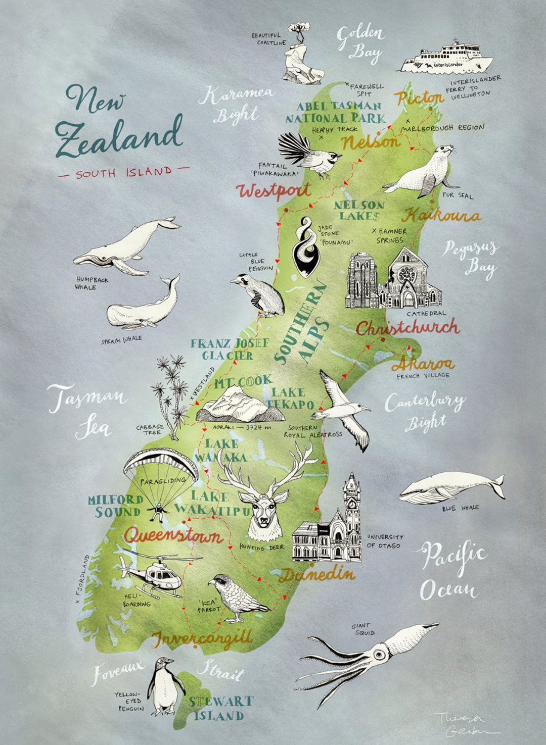 Large Print New Zealand Map of South Island, Large NZ Print, New Zealand Poster, NZ Art Kiwiana