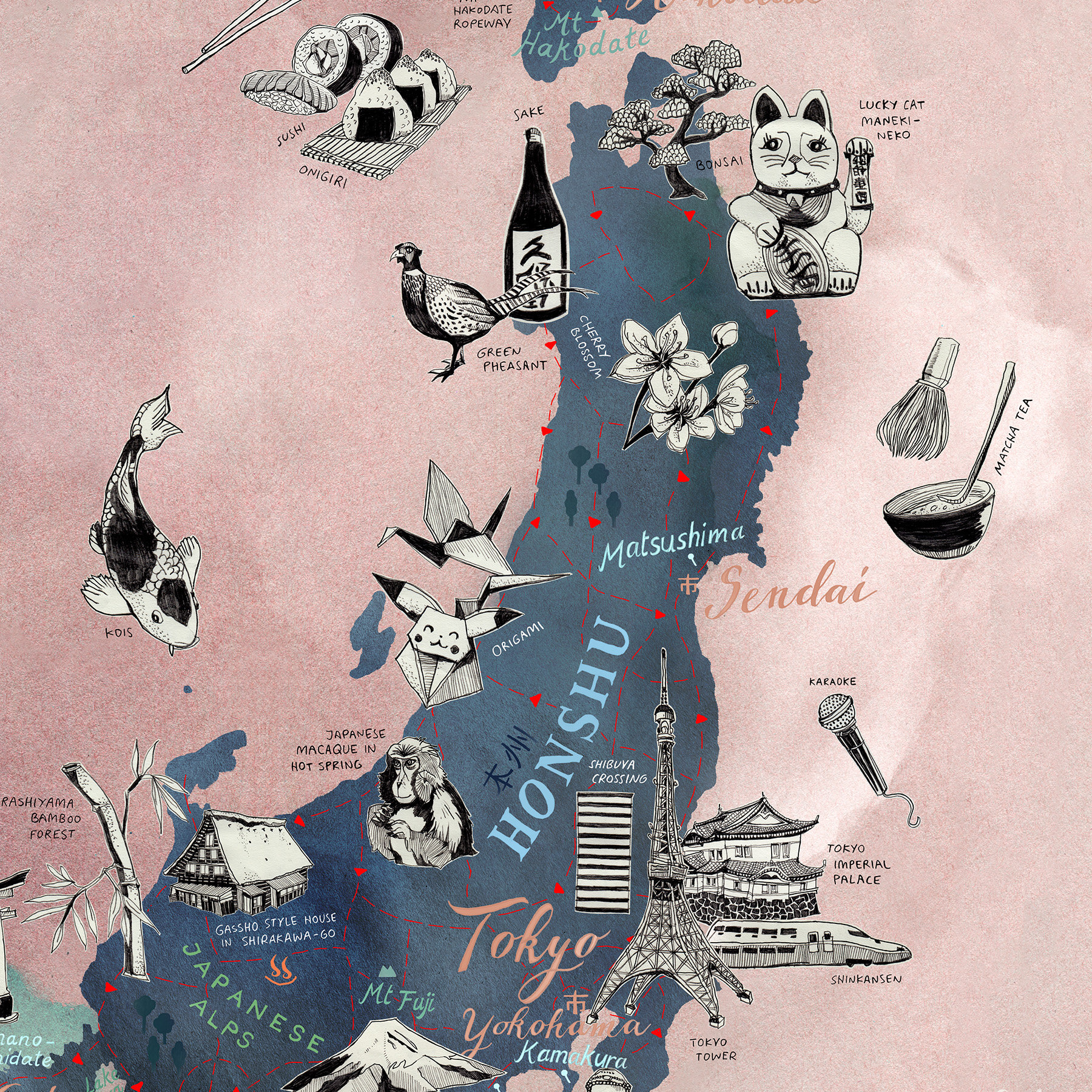 Japan Map, Art Print, Illustrated Map of Japan, Travel