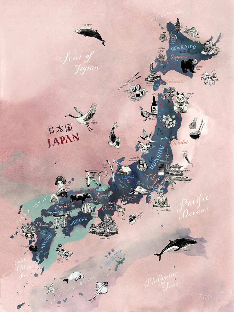 Japan Map, Art Print, Illustrated Map of Japan, Travel Illustration ...