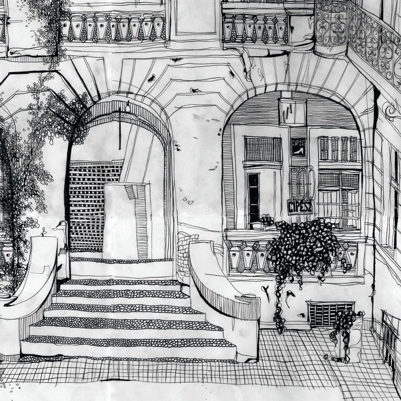 Budapest House Illustration, Panoramic Art Print, pencil drawing, Hungary poster, large living room art, black and white archival art print image 5