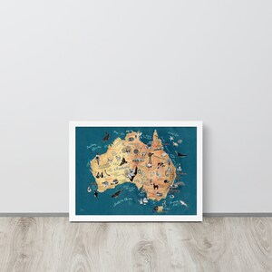 Framed Australia Map matte giclee print poster of Australian illustrated map in pretty oak frame, in white or wood color, ready to hang image 6