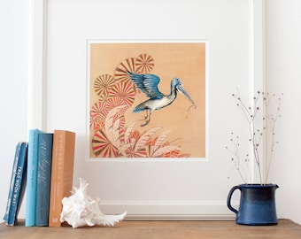 Pelican Poster, Fine Art Print, pretty illustration of flying Spot-billed Pelican, home decor, in orange, red, blue, brown, New German Shop