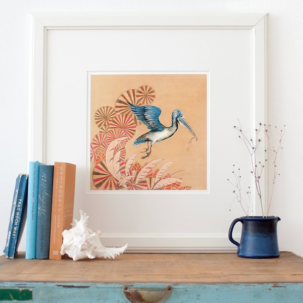 Poster pélican, impression d'art, jolie illustration d'un pélican à bec tacheté en vol, décoration intérieure, en orange, rouge, bleu, marron, nouvelle boutique allemande