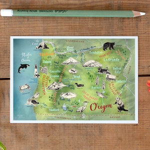 Oregon Postcard, hand drawn travel map, illustrated mini print, Oregon art, road trip map, going away gift, Pacific North West, postcrossing image 1