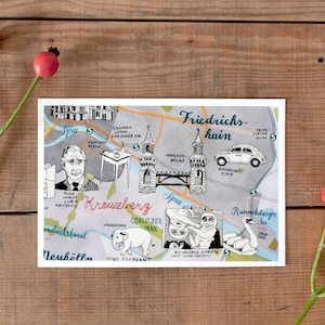 Carte postale de Berlin Friedrichshain, plan de la ville de Kreuzberg, carte illustrée de Berlin, mini impression dessinée à la main, postcrossing, illustration d'art de Berlin neuf