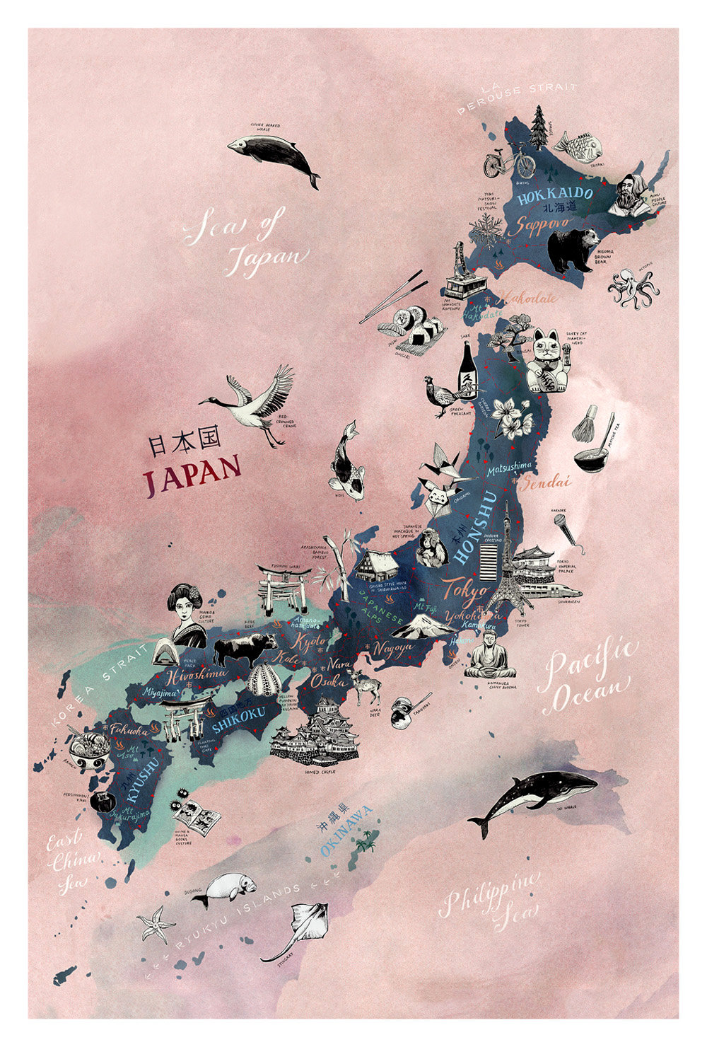 Japan Postcard, Hand Drawn Travel Map Card, Illustrated Mini Print