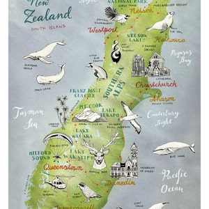 May include: A hand-drawn map of New Zealand's South Island, featuring various landmarks, animals, and activities. The map is illustrated in a whimsical style with green, blue, and brown colors.  The map includes text labels for locations such as Nelson, Queenstown, Christchurch, and Dunedin.