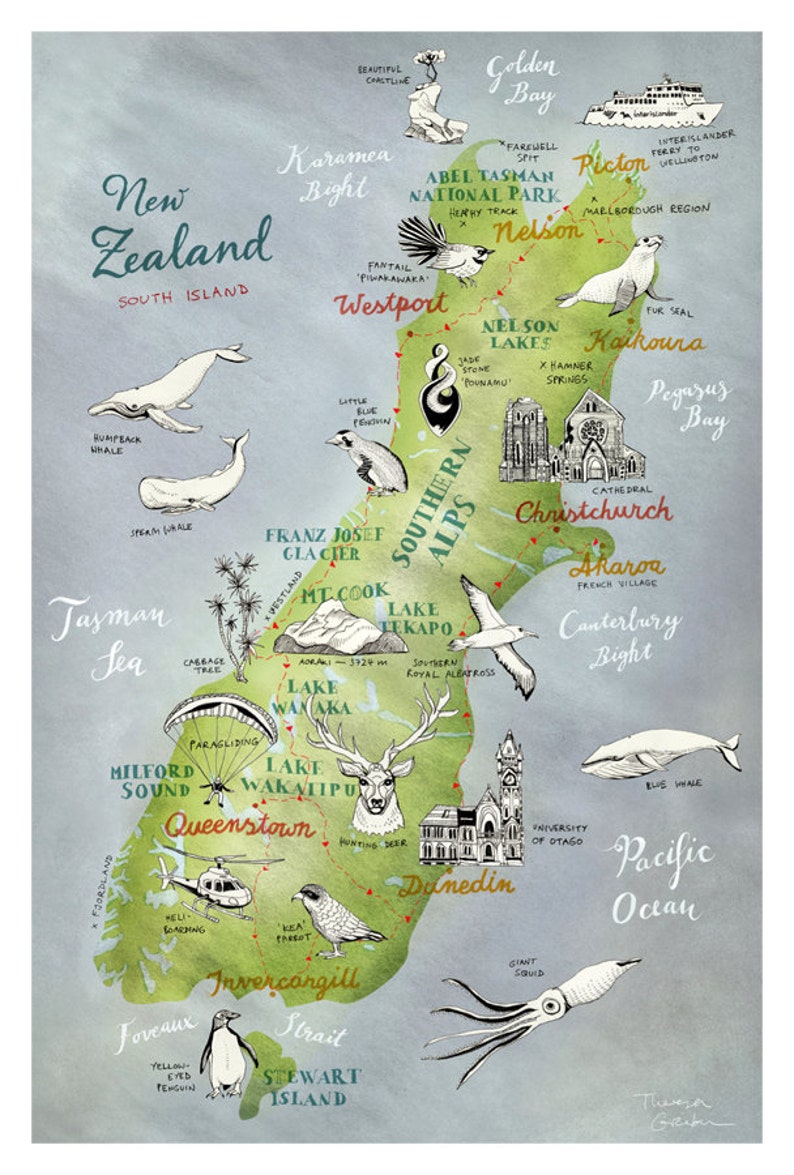 May include: A hand-drawn map of New Zealand's South Island, featuring various landmarks, animals, and activities. The map is illustrated in a whimsical style with green, blue, and brown colors.  The map includes text labels for locations such as Nelson, Queenstown, Christchurch, and Dunedin.