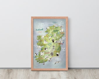 Framed Ireland map print, in inches, matte giclee poster, Irish illustrated handdrawn map; in pretty white or wood frame, ready to hang new